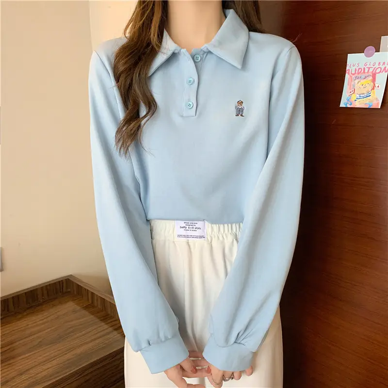Women Grey Polo Collar Sweatshirt 2021 Spring Autumn — feature 12