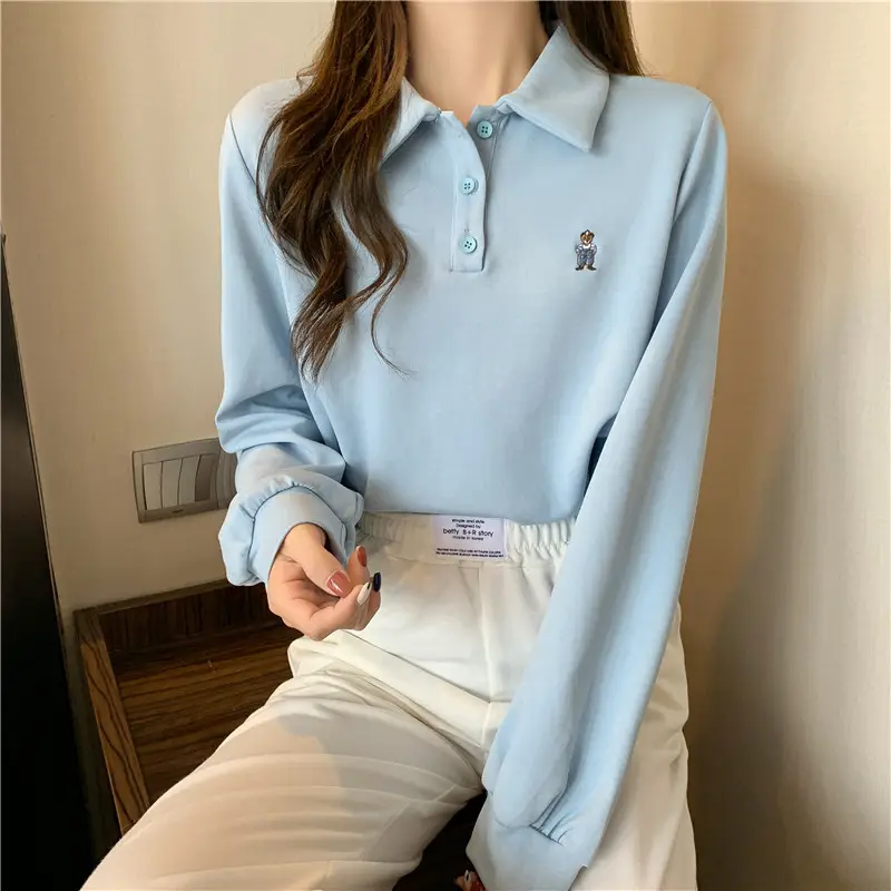 Women Grey Polo Collar Sweatshirt 2021 Spring Autumn — feature 13