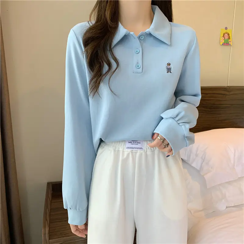 Women Grey Polo Collar Sweatshirt 2021 Spring Autumn — feature 14