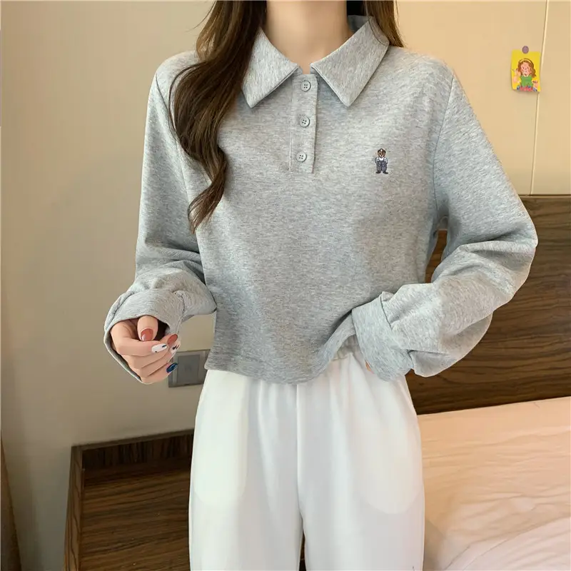 Women Grey Polo Collar Sweatshirt 2021 Spring Autumn — feature 16