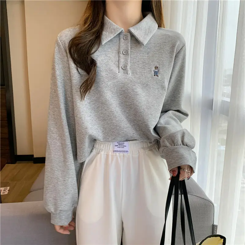 Women Grey Polo Collar Sweatshirt 2021 Spring Autumn — feature 17