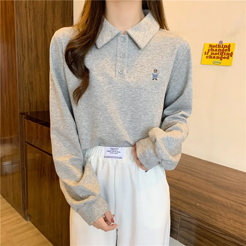 Women Grey Polo Collar Sweatshirt 2021 Spring Autumn — feature 18