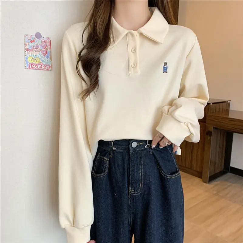 Women Grey Polo Collar Sweatshirt 2021 Spring Autumn — feature 3
