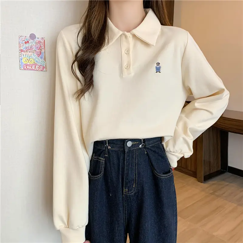 Women Grey Polo Collar Sweatshirt 2021 Spring Autumn — feature 4
