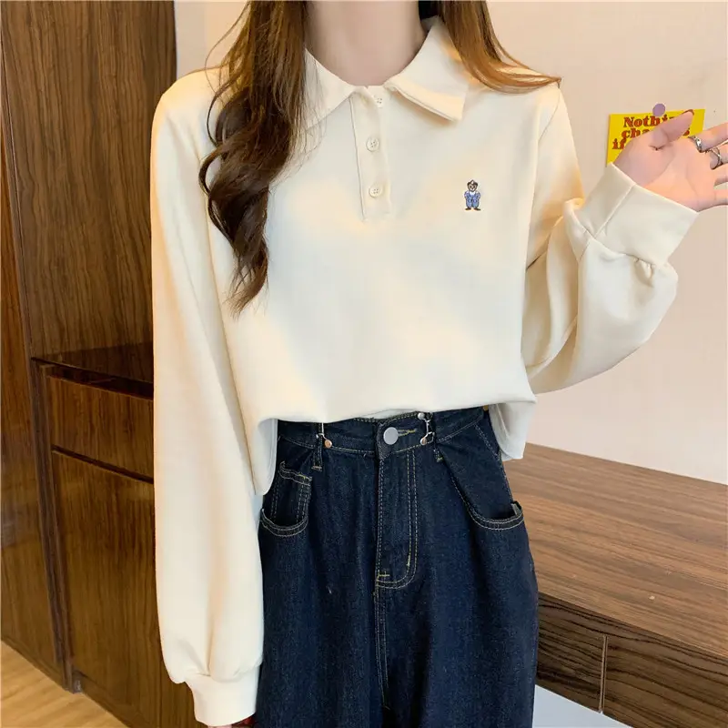 Women Grey Polo Collar Sweatshirt 2021 Spring Autumn — feature 5