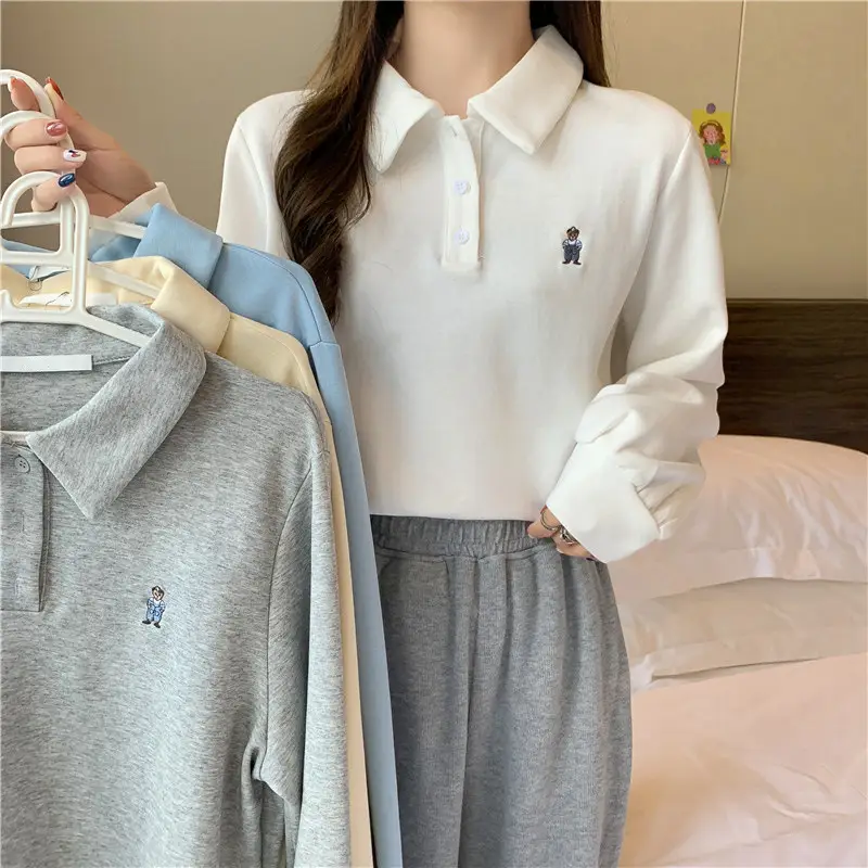 Women Grey Polo Collar Sweatshirt 2021 Spring Autumn — feature 6