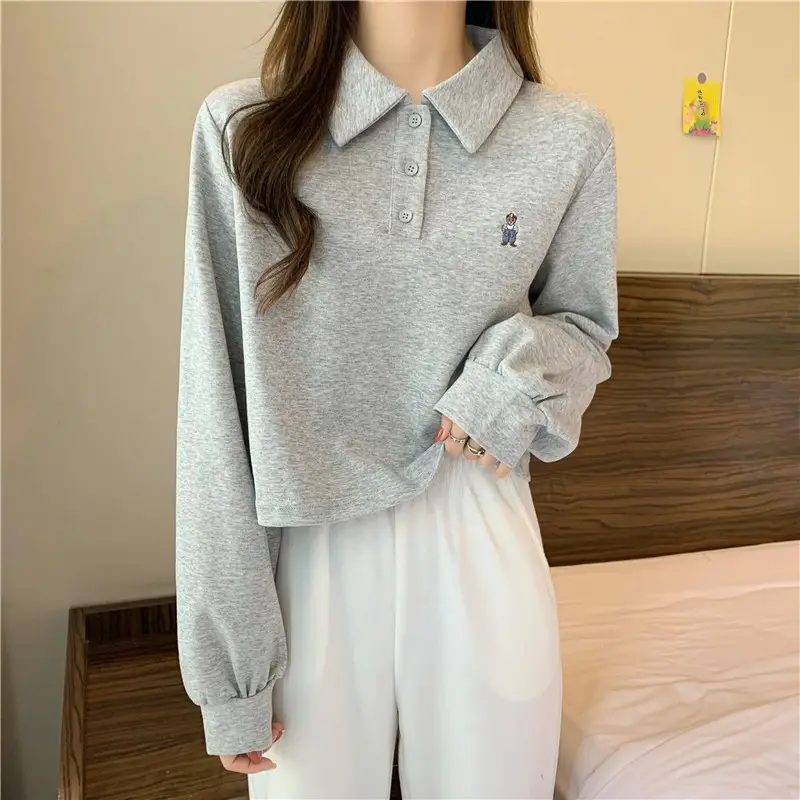 Women Grey Polo Collar Sweatshirt 2021 Spring Autumn - Image 4