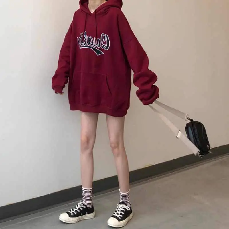 Women Fleece Hoodie Maroon New Autumn Winter Loose Printed Literary Style - Image 5