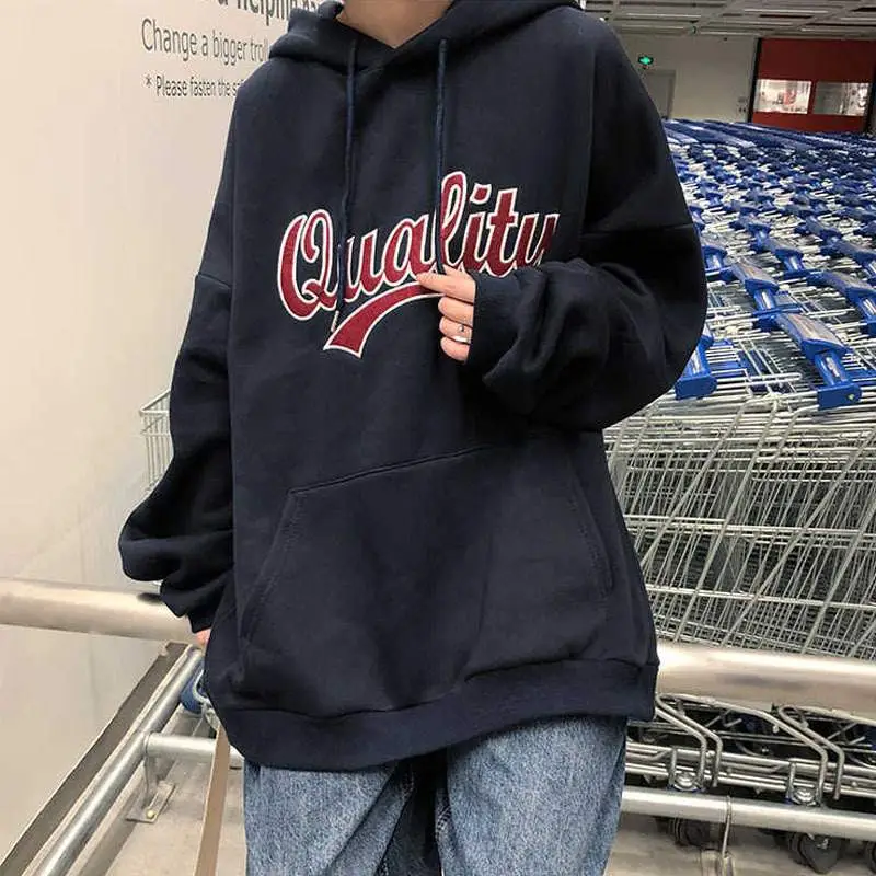 Women Fleece Hoodie Maroon New Autumn Winter Loose Printed Literary Style - Image 6