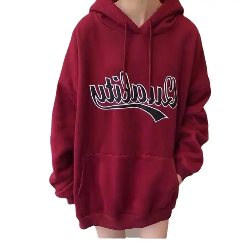 Women Fleece Hoodie Maroon New Autumn Winter Loose Printed Literary Style - Image 8