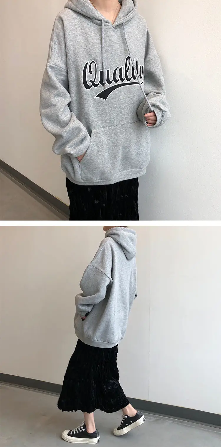 Women Fleece Hoodie Maroon New Autumn Winter Loose Printed Literary Style — feature 11