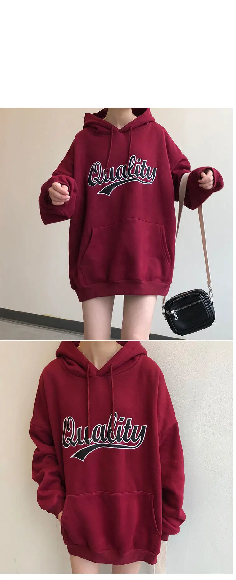Women Fleece Hoodie Maroon New Autumn Winter Loose Printed Literary Style — feature 3