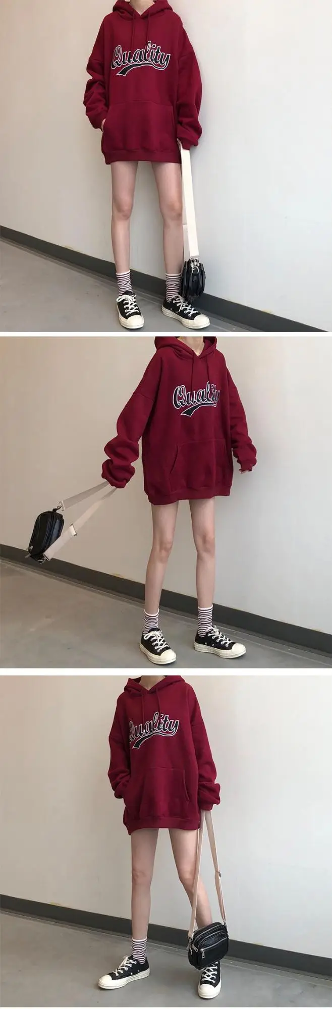 Women Fleece Hoodie Maroon New Autumn Winter Loose Printed Literary Style — feature 4