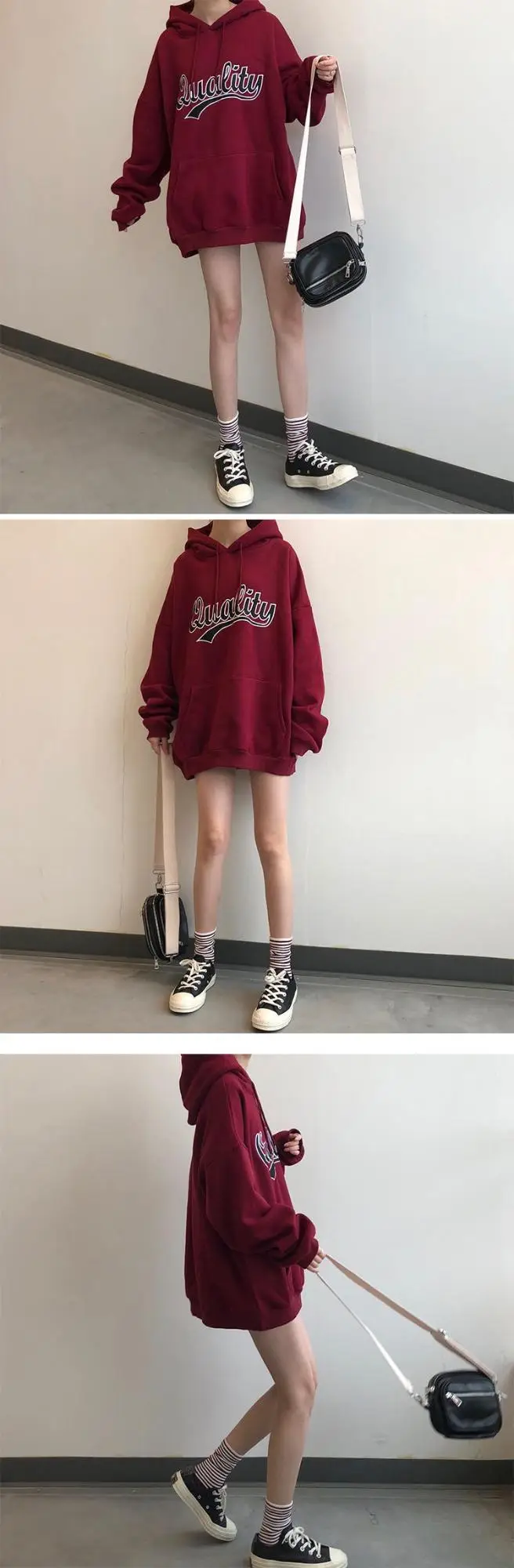 Women Fleece Hoodie Maroon New Autumn Winter Loose Printed Literary Style — feature 5