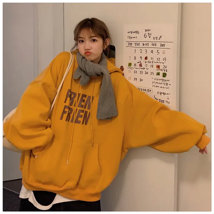 Fleece Hooded Jacket Yellow Letter Print Long Sleeve — feature 38