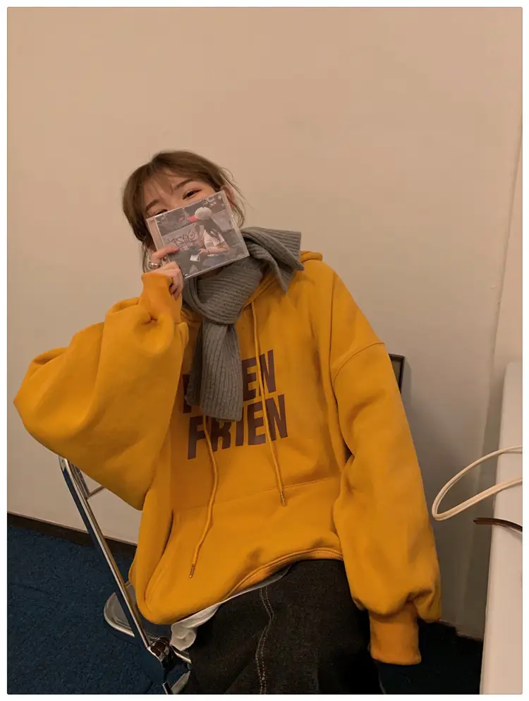 Fleece Hooded Jacket Yellow Letter Print Long Sleeve — feature 39