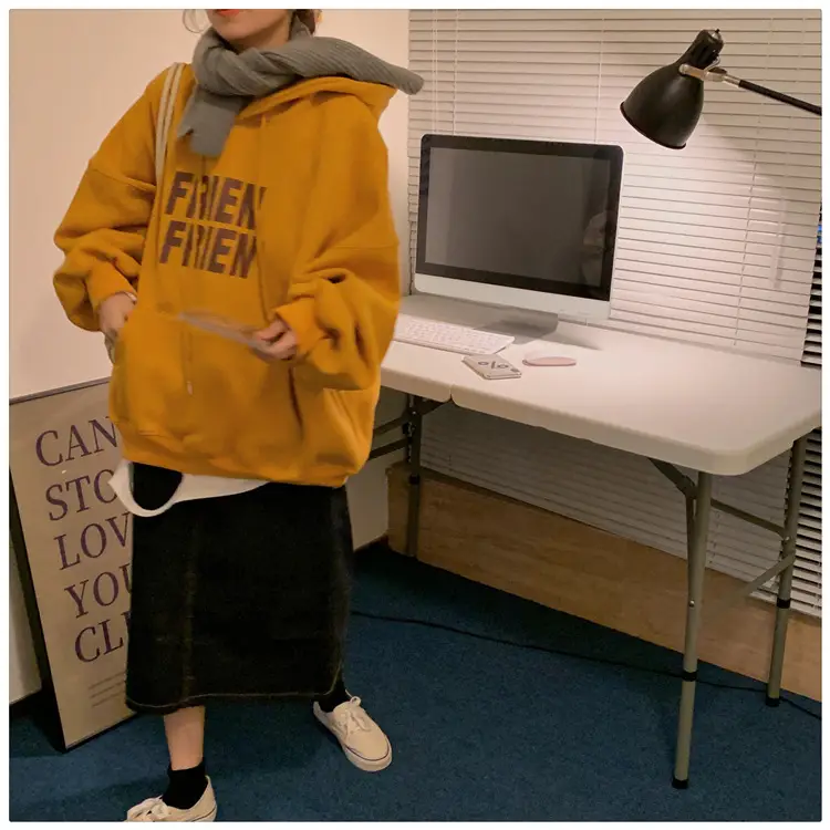 Fleece Hooded Jacket Yellow Letter Print Long Sleeve — feature 40