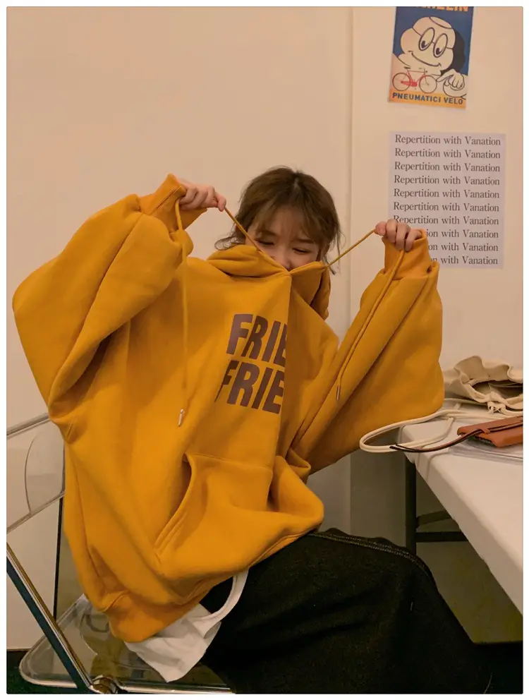 Fleece Hooded Jacket Yellow Letter Print Long Sleeve — feature 42