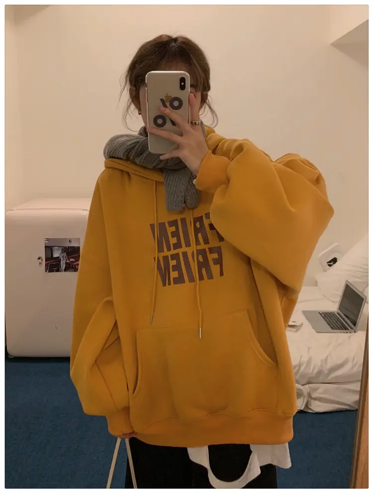 Fleece Hooded Jacket Yellow Letter Print Long Sleeve — feature 43
