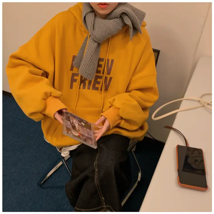 Fleece Hooded Jacket Yellow Letter Print Long Sleeve — feature 44