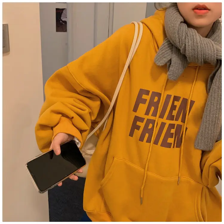 Fleece Hooded Jacket Yellow Letter Print Long Sleeve — feature 45