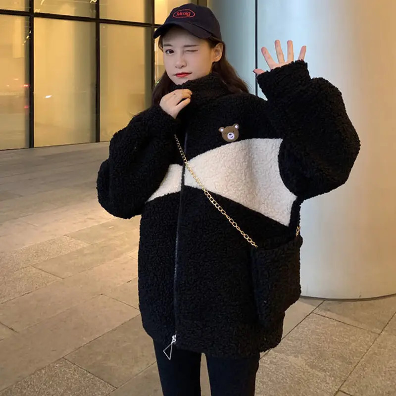 Lamb Plush Zipper Coat Women Black Velvet Lined - Image 4