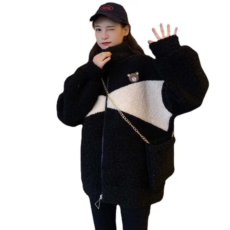 Lamb Plush Zipper Coat Women Black Velvet Lined - Image 5