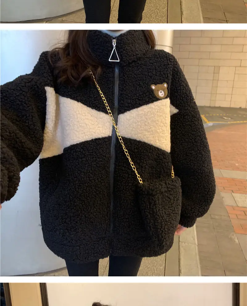 Lamb Plush Zipper Coat Women Black Velvet Lined — feature 10