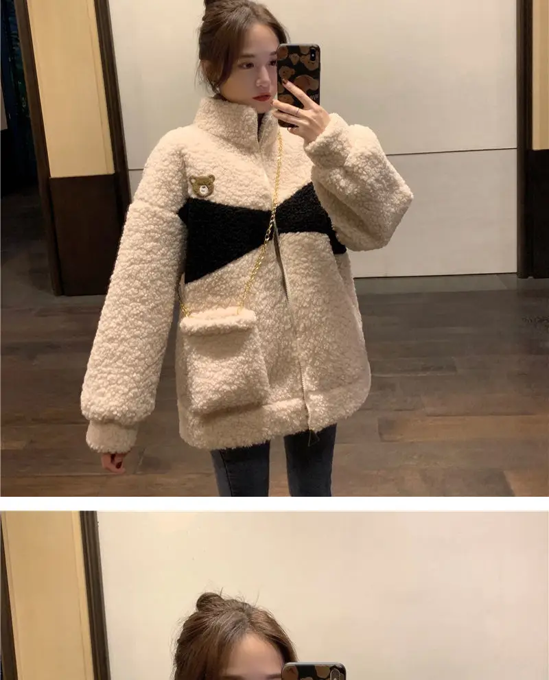 Lamb Plush Zipper Coat Women Black Velvet Lined — feature 11