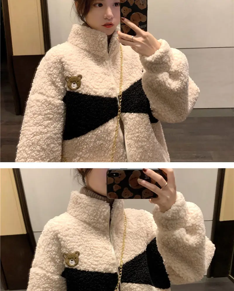 Lamb Plush Zipper Coat Women Black Velvet Lined — feature 12