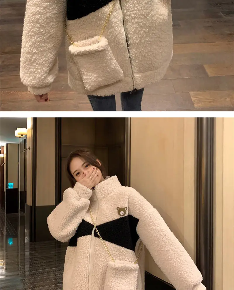 Lamb Plush Zipper Coat Women Black Velvet Lined — feature 13