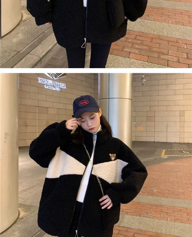 Lamb Plush Zipper Coat Women Black Velvet Lined — feature 4