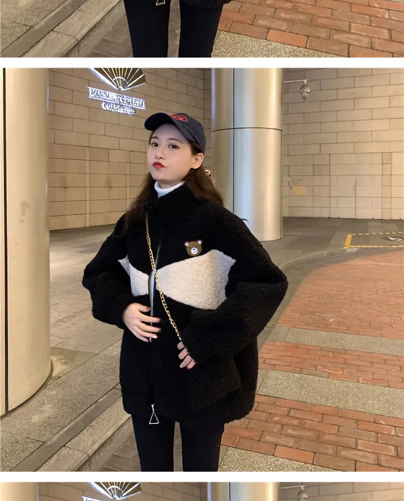 Lamb Plush Zipper Coat Women Black Velvet Lined — feature 5