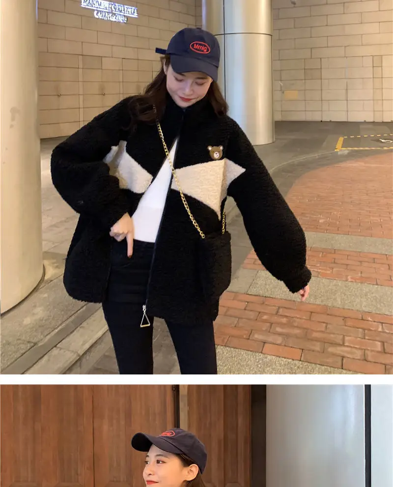 Lamb Plush Zipper Coat Women Black Velvet Lined — feature 6