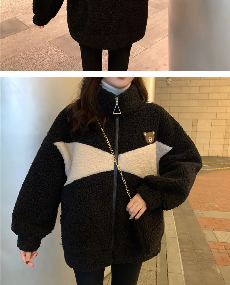 Lamb Plush Zipper Coat Women Black Velvet Lined — feature 9