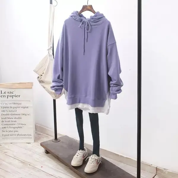 Women Hooded Sweatshirt Set Purple Loose Fit Plus Size - Image 7