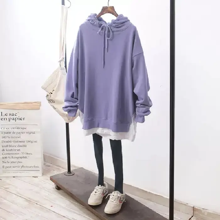 Women Hooded Sweatshirt Set Purple Loose Fit Plus Size - Image 3