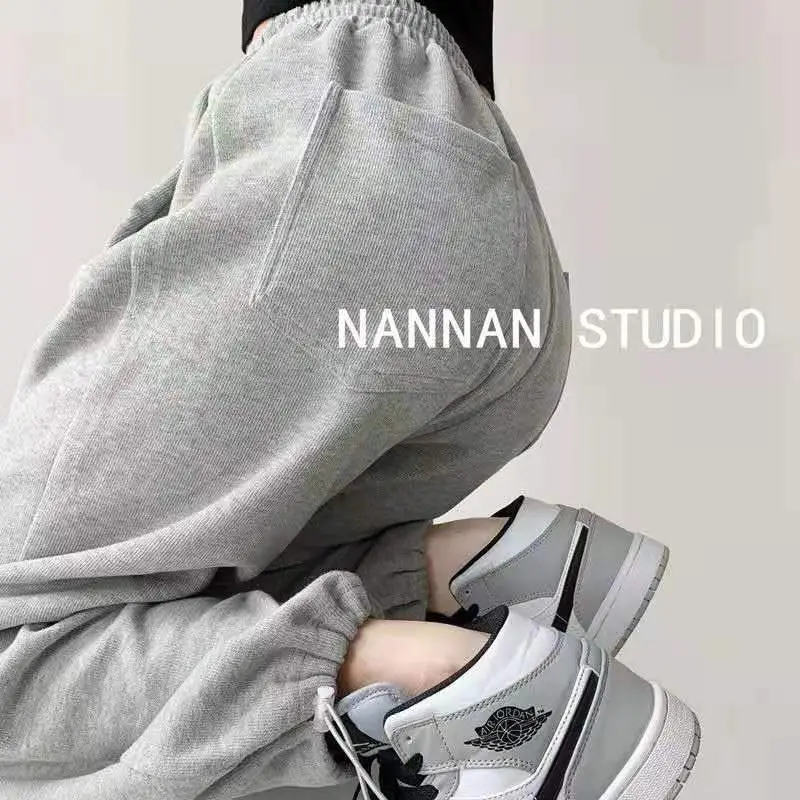 Women Grey Loose Sports Pants Spring Autumn High Waist Straight Fit