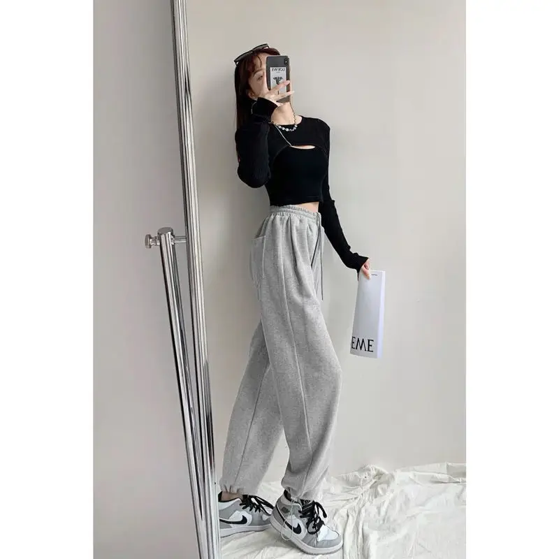 Women Grey Loose Sports Pants Spring Autumn High Waist Straight Fit