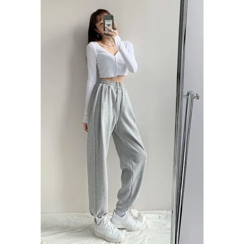 Women Grey Loose Sports Pants Spring Autumn High Waist Straight Fit