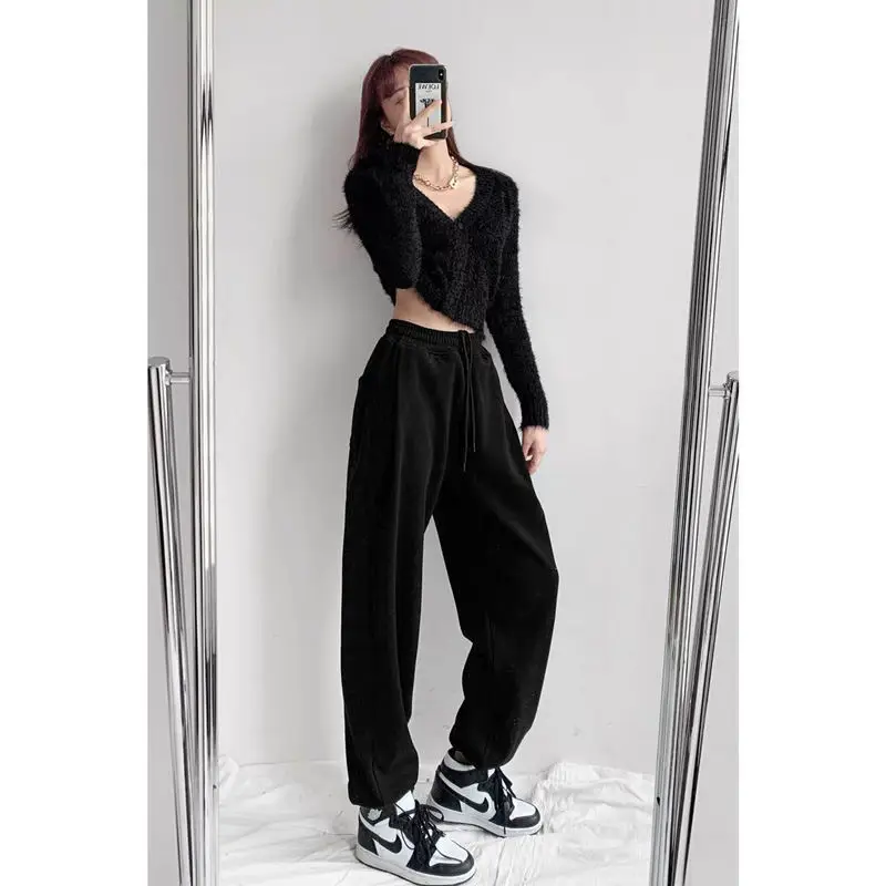 Women Grey Loose Sports Pants Spring Autumn High Waist Straight Fit