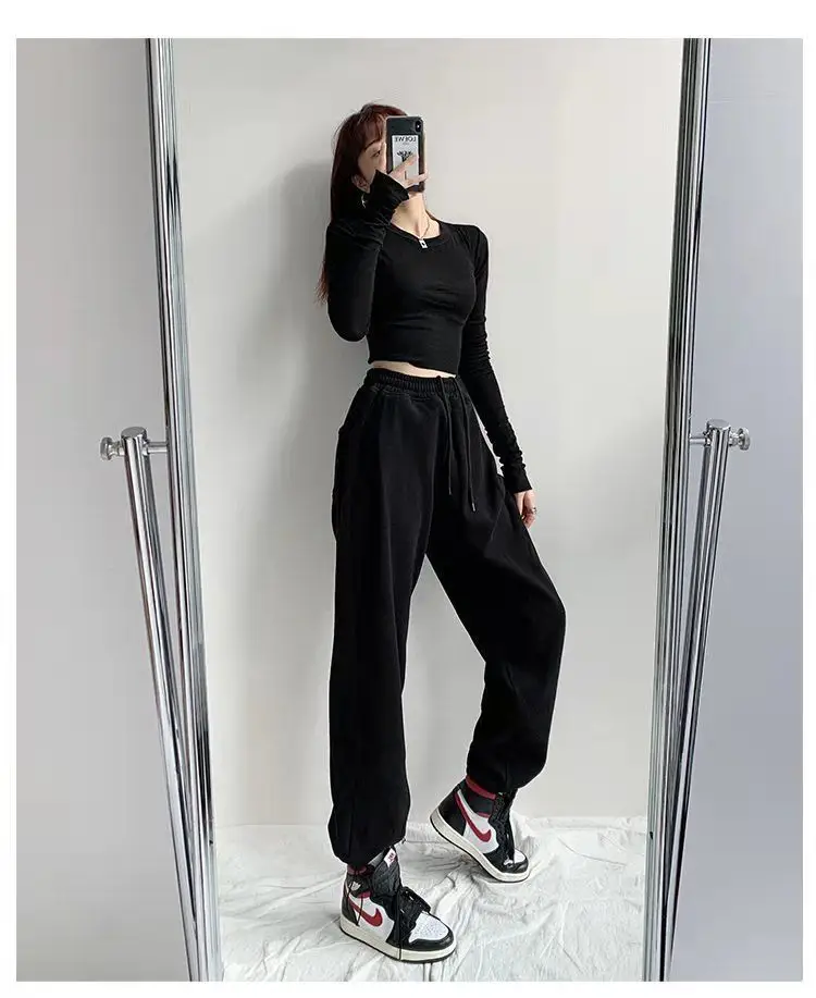 Women Grey Loose Sports Pants Spring Autumn High Waist Straight Fit — feature 10