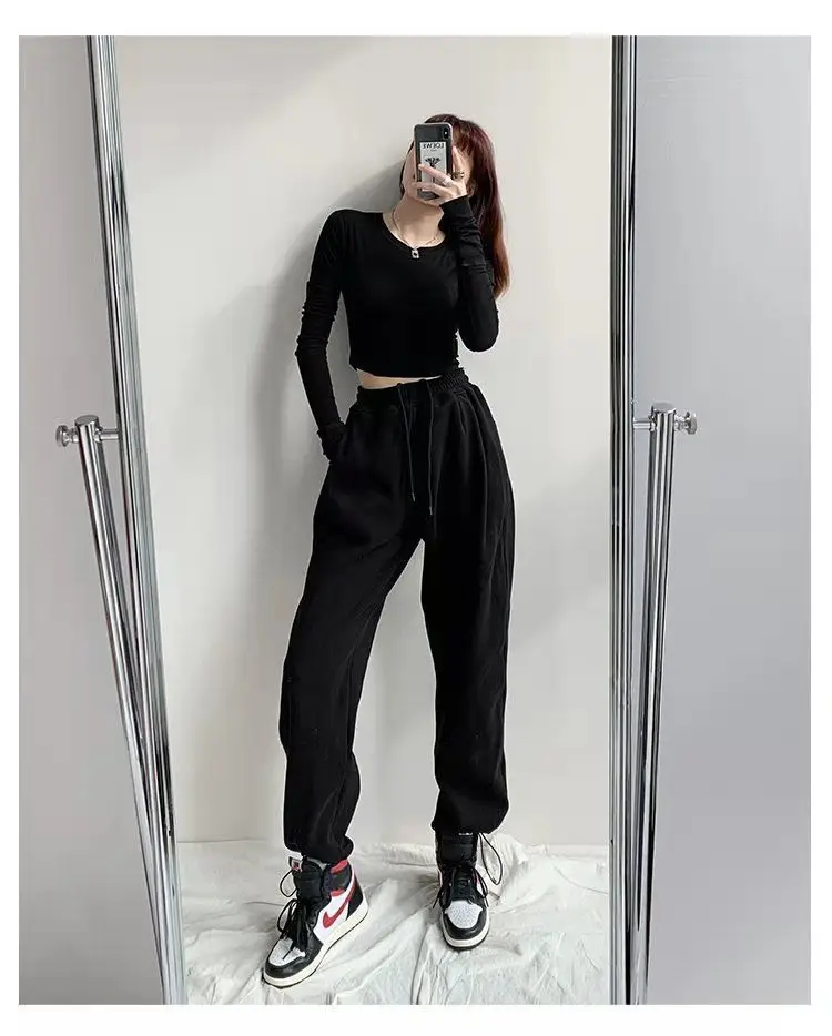 Women Grey Loose Sports Pants Spring Autumn High Waist Straight Fit — feature 11