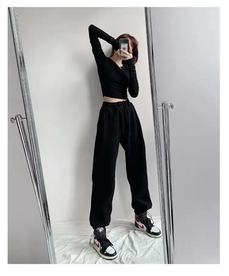 Women Grey Loose Sports Pants Spring Autumn High Waist Straight Fit — feature 12