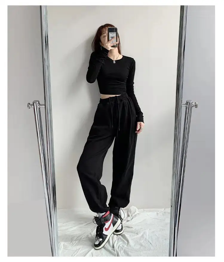 Women Grey Loose Sports Pants Spring Autumn High Waist Straight Fit — feature 13