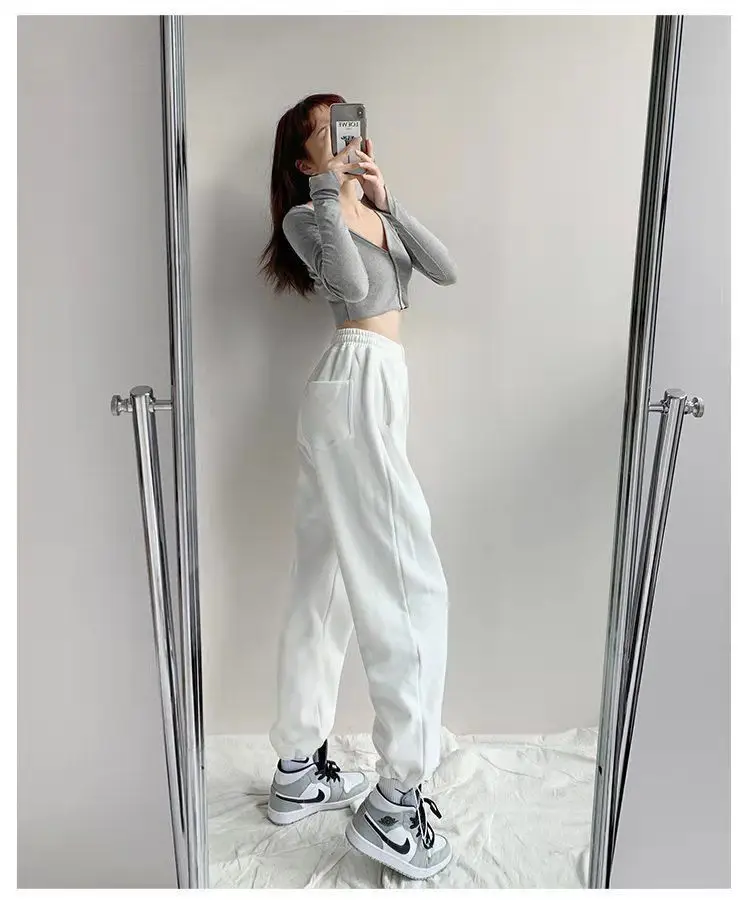 Women Grey Loose Sports Pants Spring Autumn High Waist Straight Fit — feature 16