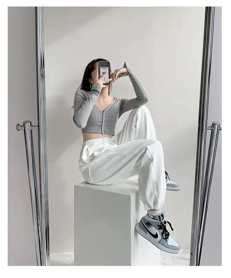 Women Grey Loose Sports Pants Spring Autumn High Waist Straight Fit — feature 17