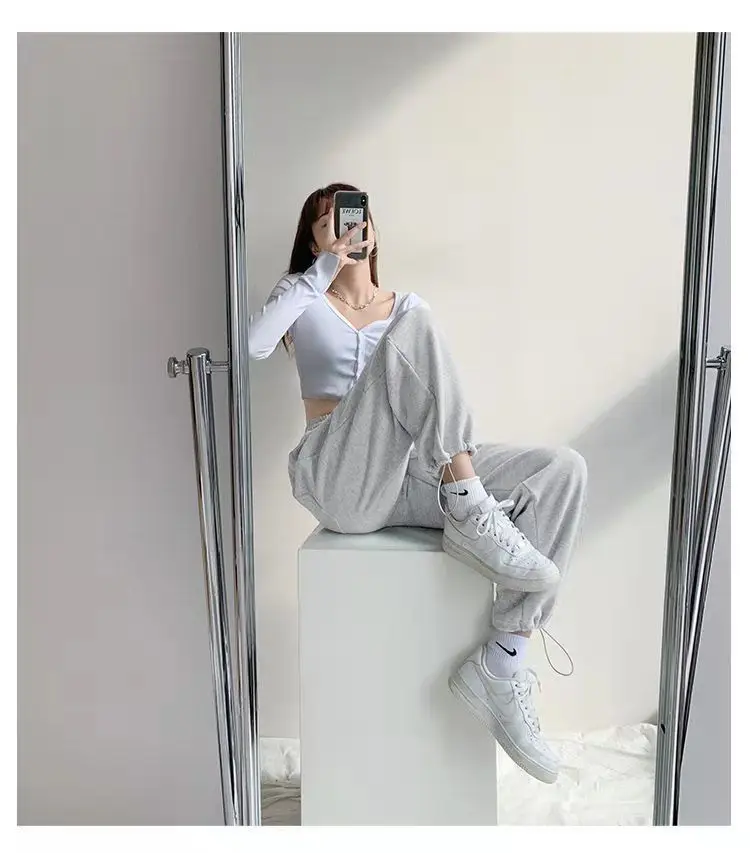 Women Grey Loose Sports Pants Spring Autumn High Waist Straight Fit — feature 4