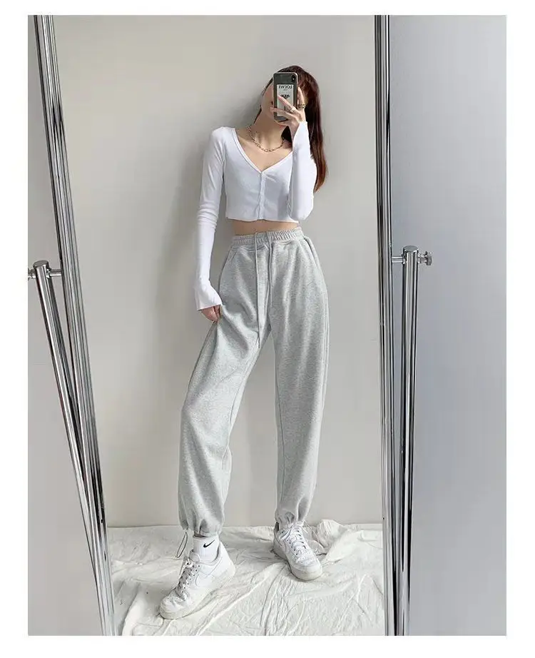 Women Grey Loose Sports Pants Spring Autumn High Waist Straight Fit — feature 5