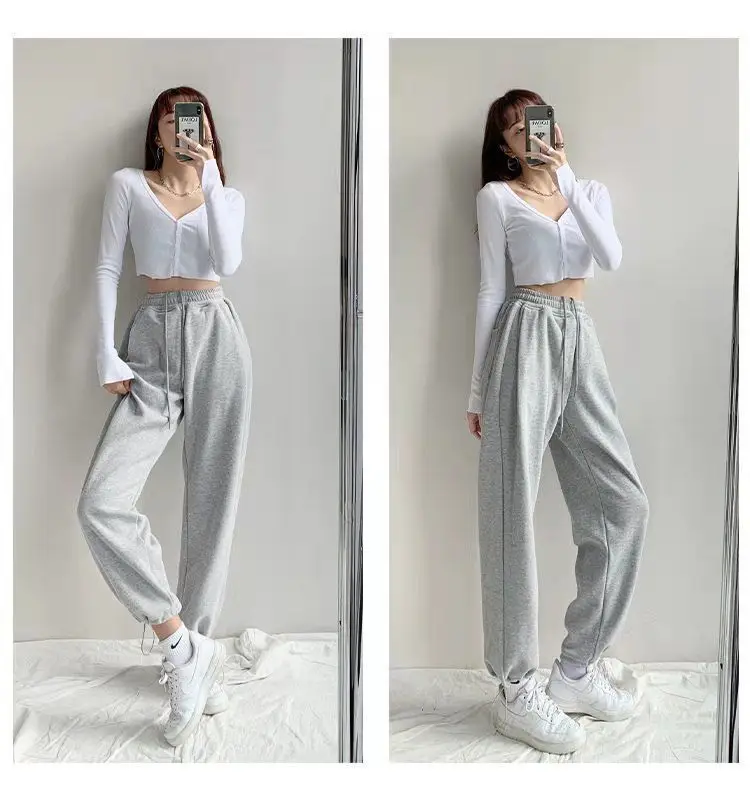 Women Grey Loose Sports Pants Spring Autumn High Waist Straight Fit — feature 6